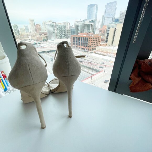 Stuart Weitzman Nudistcurve Suede 100mm Stiletto Sandal Beige Suede Size 10 - Picture 6 of 7